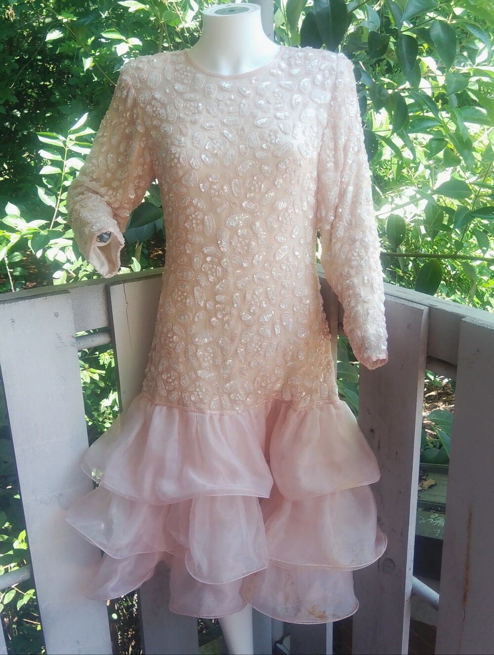 VTG 80s Cache Glam Sequin Beaded Silk Ruffles Drop Waist Party Cocktail Dress